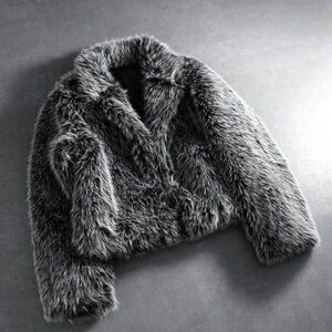 Men's Gray Teddy Faux Fur Jacket - Plush Cropped Coat